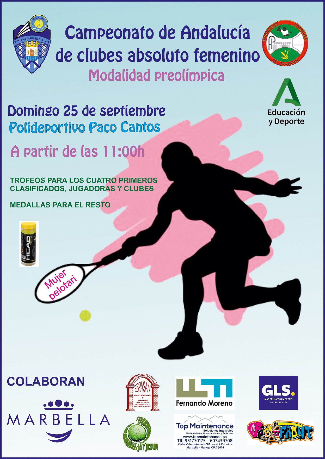 Marbella será sede el próximo 25 de septiembre del Campeonato de Andalucía de Clubes de Frontenis Femenino en la modalidad preolímpica